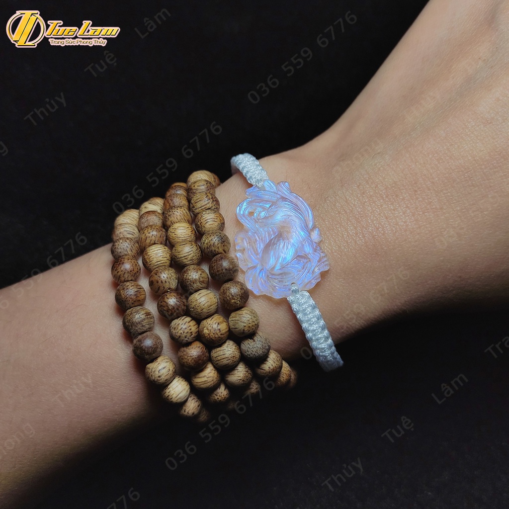 Vòng tay dây chỉ may mắn bện hồ ly chúa moonstone trắng ánh xanh hợp mệnh trợ duyên - Tuệ Lâm