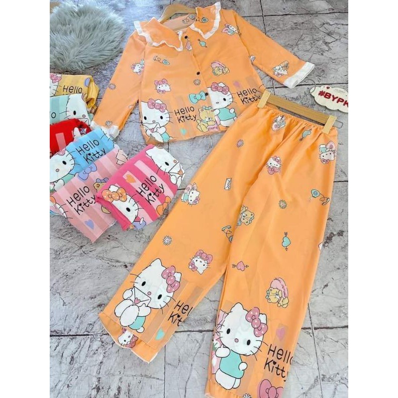 ĐỒ BỘ PIJAMA LỤA DÀI TAY IN HELLO KITTY 100D FREESIZE DƯỚI 55ký