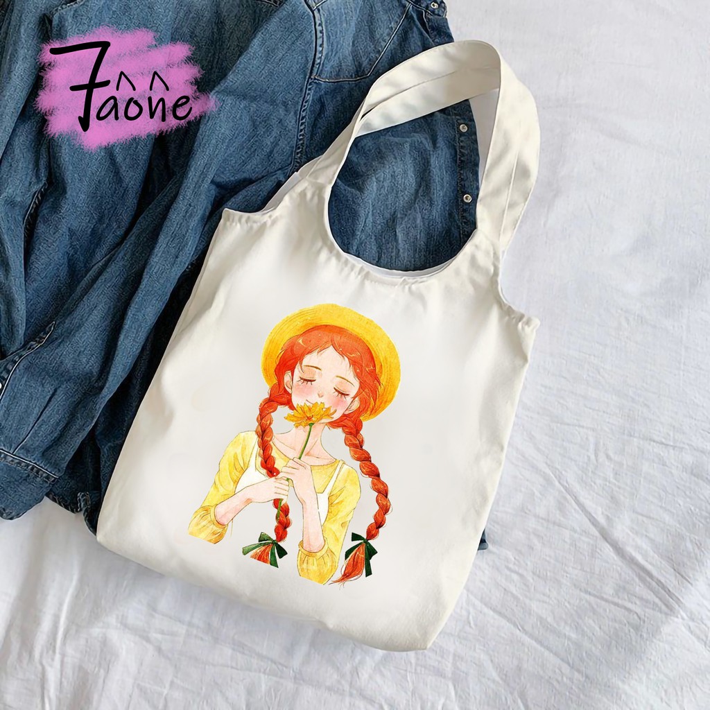 TÚI VẢI QUAI TRÒN CÔ GÁI VÀ HOA TOTE ĐEO VAI CÓ TÚI CON VẢI CANVAS