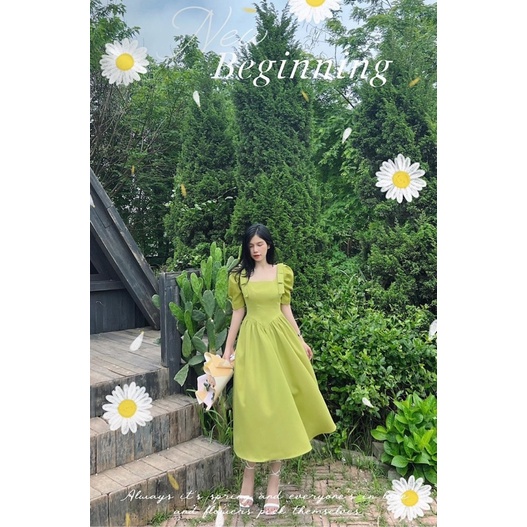 Váy midi xoè xanh bơ cổ vuông tay phồng dây bản vai