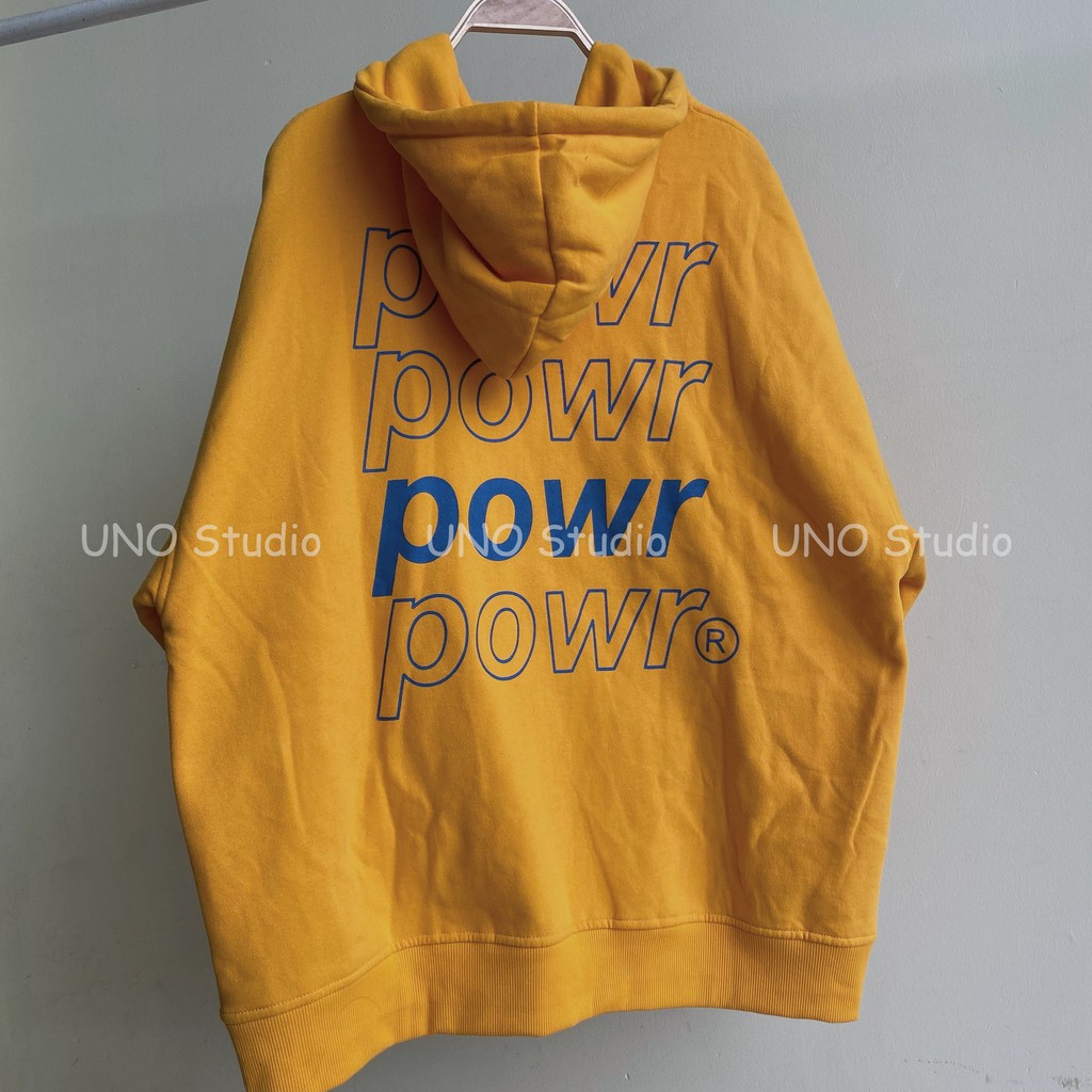 Áo hoodie zip có khoá kéo màu vàng in chữ POW