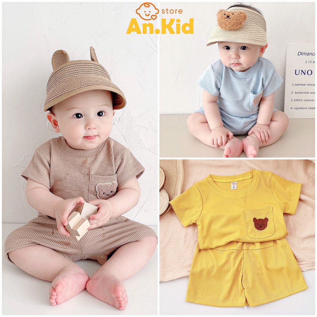 Bộ Cộc Tay Gấu Thêu Bé Trai, Bé Gái 10-20kg Chất Tăm QC Mềm Túi Ngực Thêu Gấu - AN.KID