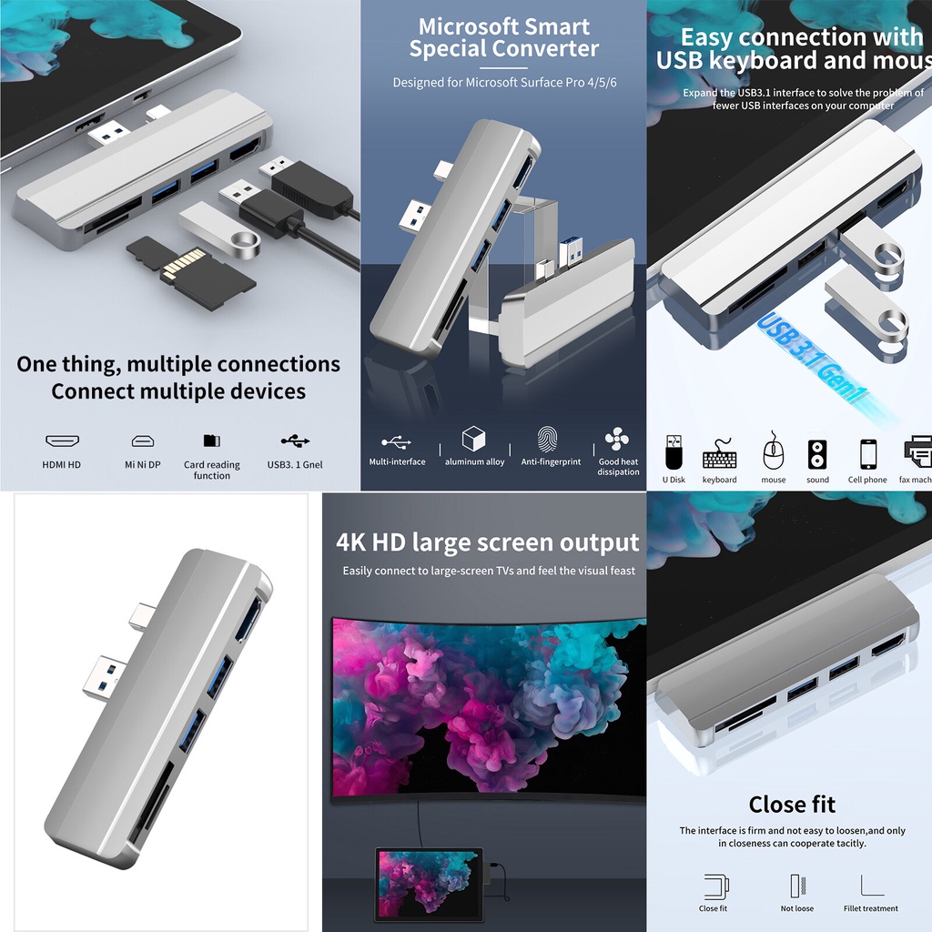 Bộ Chuyển Đổi Hub 5 Trong 1 Loại Displayport / USB-A sang 5 Cổng USB 3.0 / HDMI / SD / TF cho Surface Pro 4 5 6