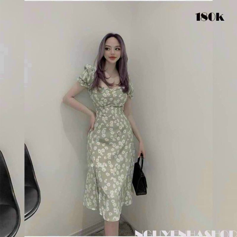 Đầm maxi hoa cúc họa mi tay phồng, dáng dài xẻ tà | BigBuy360 - bigbuy360.vn