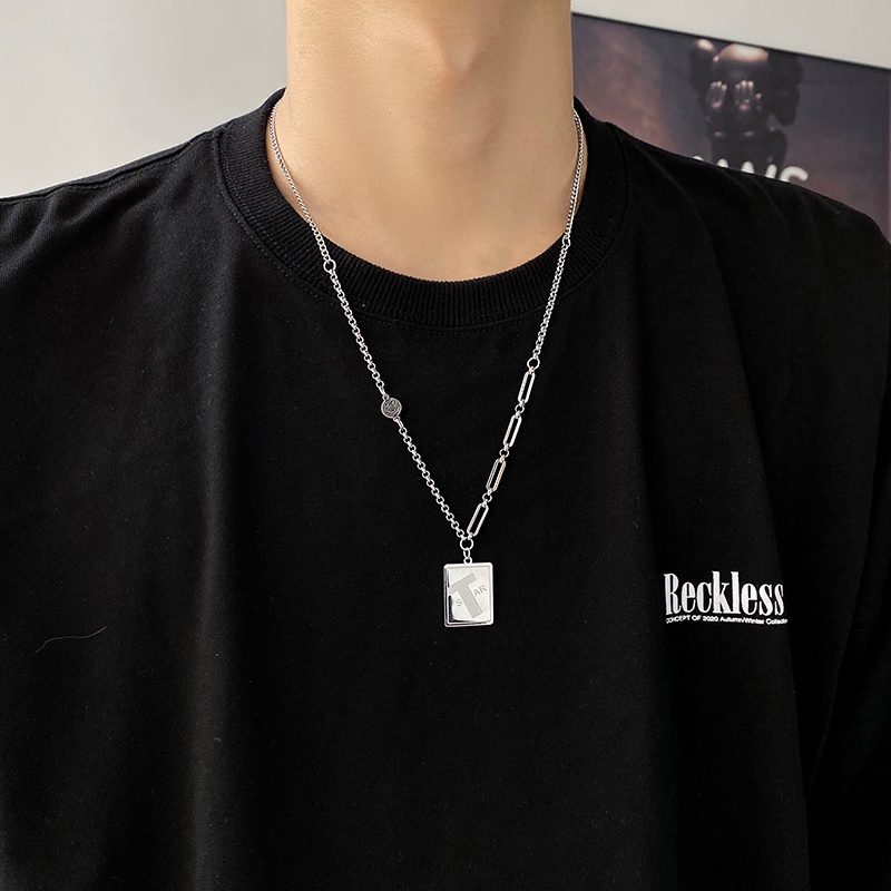 Titanium steel letter square necklace men's and women's ins trend design pendant hip-hop versatile accessories