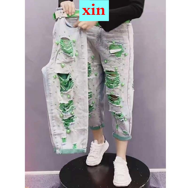 Quần Jean Dáng Ôm Đính Hạt Ngọc Trai Phong Cách Thời Trang Mùa Hè 2022 Cho Nữ