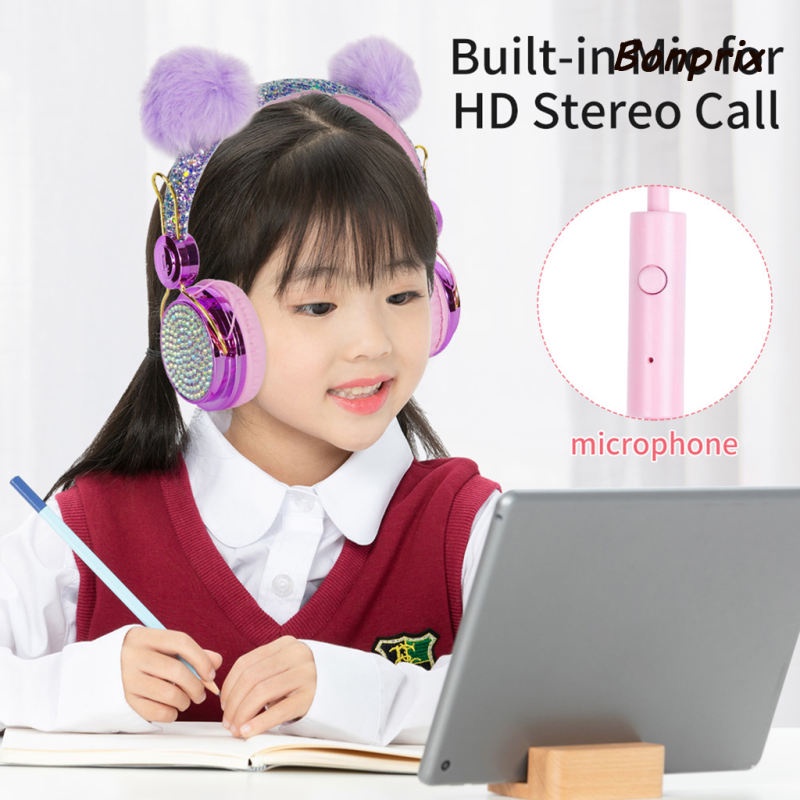 【Phong cách bùng nổ】 Tai nghe có dây cô gái gấu bông dễ thương và sáng bóng  Phim hoạt hình quả bóng tóc lấp lánh gắn trên đầu lớp học trực tuyến máy tính học tai nghe cho trẻ em