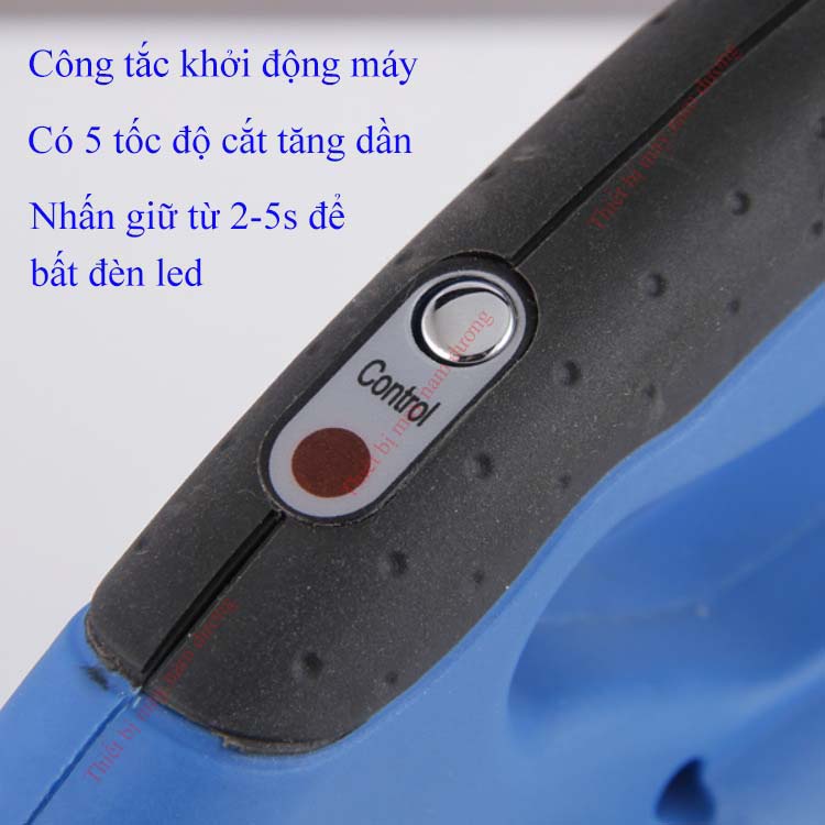 Máy cắt vải cầm tay chạy pin RCS-110 nhỏ gọn tiện lợi &gt; có 5 chế cắt &gt; đèn LED chiếu sáng