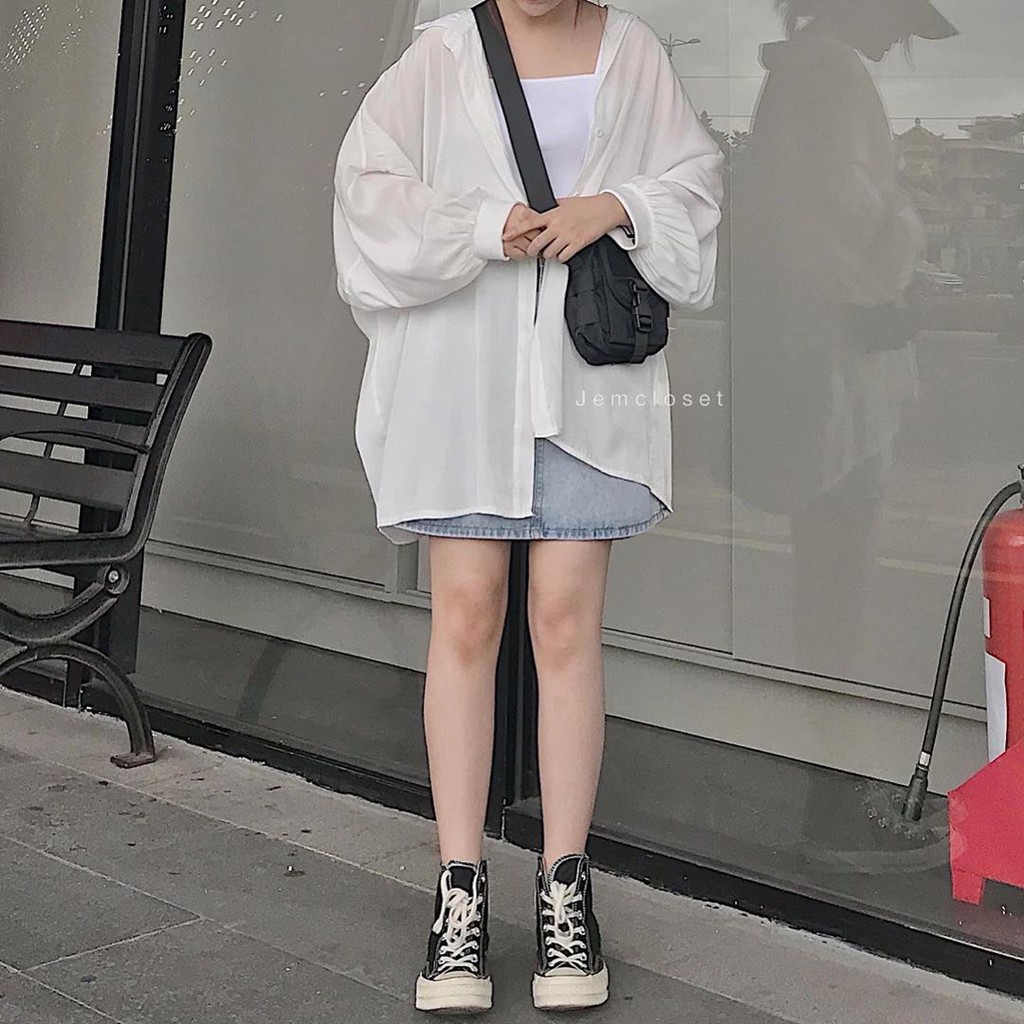 SP sẵn -  ÁO SƠ MI TRẮNG TAY BỒNG FORM THỤNG OVERSIZE - ÁO KHOÁC SOMI DÀI TAY NỮ TRẮNG ĐI HỌC UNISEX