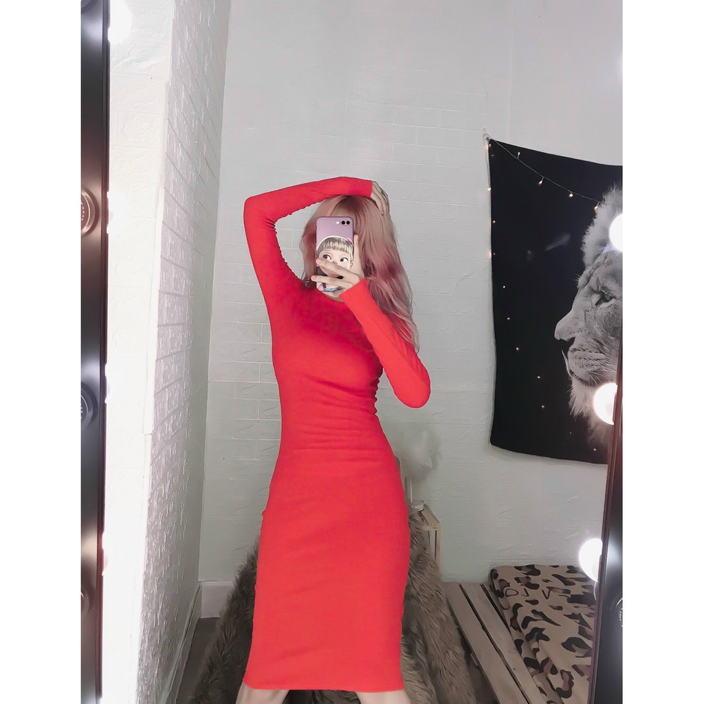 đầm thun trơn tay dài ôm body kiểu dáng đơn giản xinh xắn