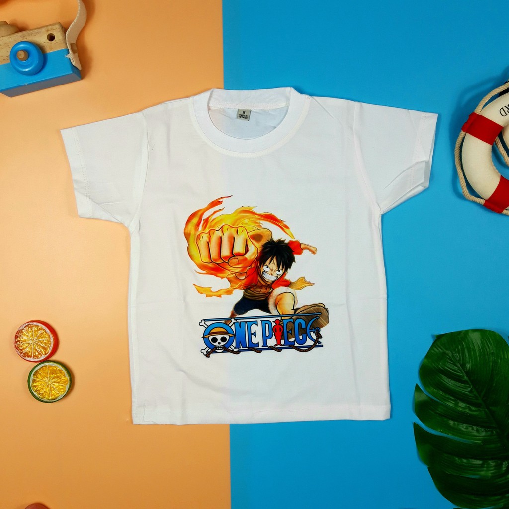 Áo thun trắng bé trai in hình Luffy, Áo thun mềm mịn, thấm hút mồ hôi cho bé trai từ 10 - 50kg
