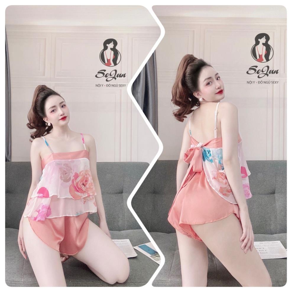 Đồ Ngủ Sexy, Bộ Đùi Cột Dây Sau Quần Satin Phối Voan 40<65kg | BigBuy360 - bigbuy360.vn
