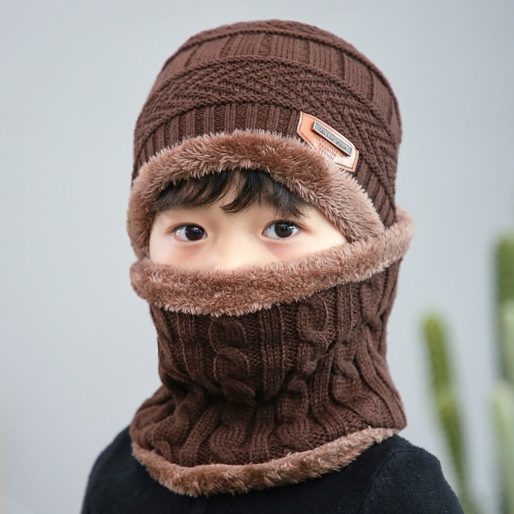 Mũ len kèm khăn cổ lót lông trẻ em siêu ấm thích hợp bé trai bé gái - Mu len khan co lot long