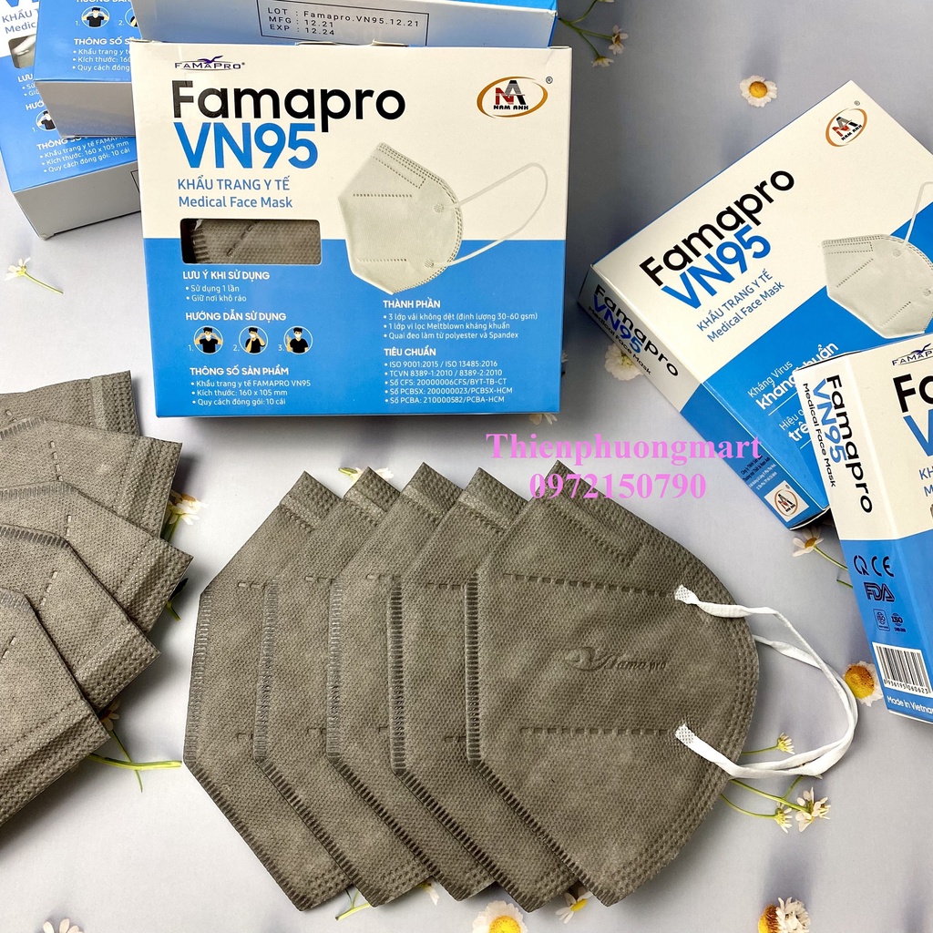 Khẩu trang VN95 FAMAPRO Nam Anh 10 cái/ hộp kháng khuẩn 8 màu Trắng / Xám / Đen / Xanh / Rêu / Hồng / Vàng Nhạt