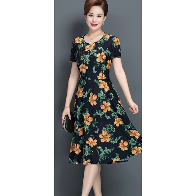 Váy trung niên nữ đẹp V16 - Đầm ngắn tay thời trang mùa hè cho mẹ, bà, người lớn tuổi cao cấp dáng dài bigsize giá rẻ