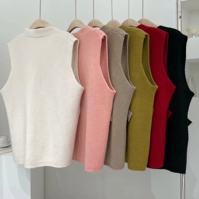 Áo Sweater Dệt Kim Không Tay Màu Trơn Cài Nút Thời Trang Mùa Thu Phong Cách Hàn Quốc Cho Nữ