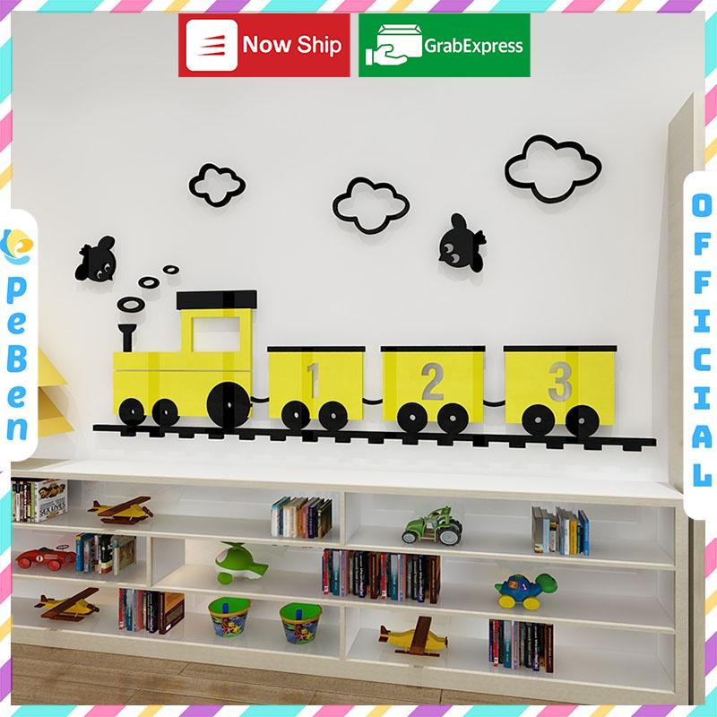 Tranh dán tường mica 3d decor khổ lớn đoàn tàu dễ thương trang trí mầm non, phòng cho bé Nhiều Size - EPeBen