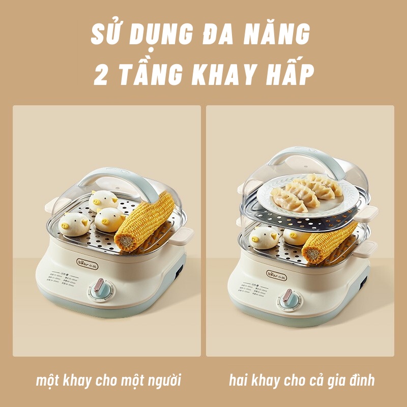 Nồi Hấp Hai Tầng Bear DZG-C60A1 Khay Inox 304 Dễ Vệ Sinh Chức Năng Hấp Đa Dạng Dung Tích 6L - Hàng Chính Hãng