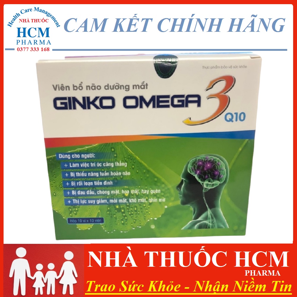 Bổ não ginkgo biloba chính hãng GINKO BILOBA OMEGA3 Q10 100 viên giúp sáng mắt tuần hoàn máu não tăng cường trí nhớ BPC3