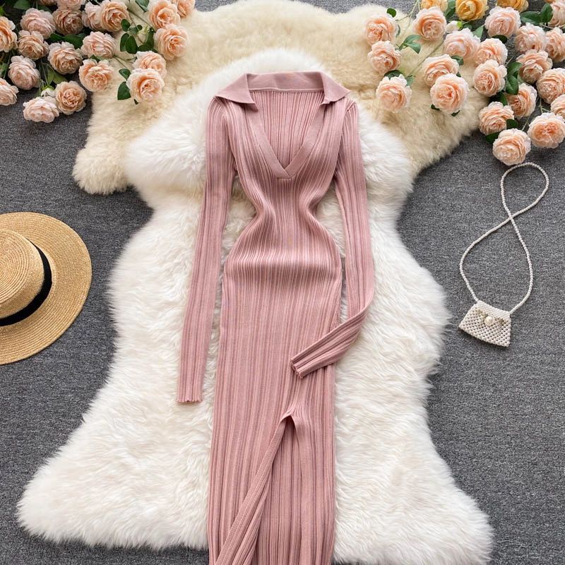 Đầm len cồ V gợi cảm, váy len ôm body xẻ đùi