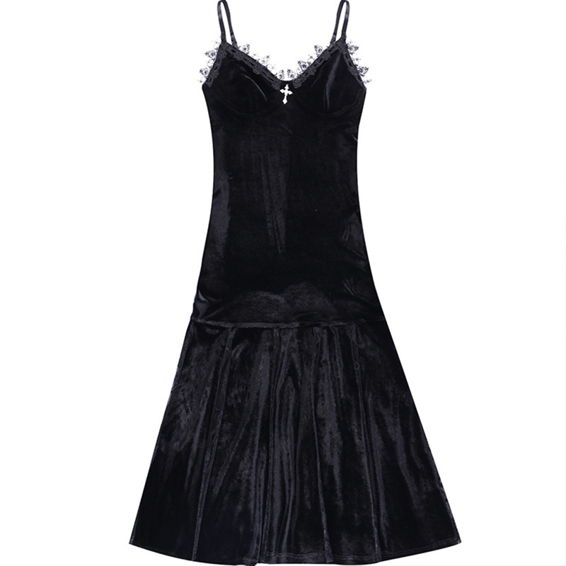 Brroa Đầm Nhung Midi Đuôi Cá Xếp Ly Phối Ren Dây Chéo Phong Cách Goth Cổ Điển Goth Cho Nữ