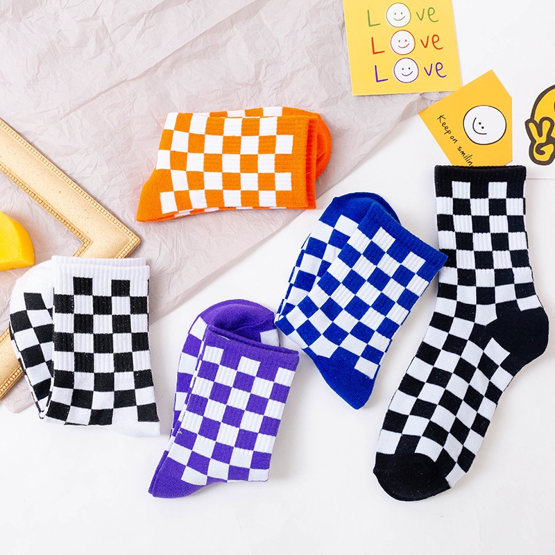 Tất vớ nam nữ kẻ vuông caro cotton thể thao năng động Warm&amp;Cute AD47
