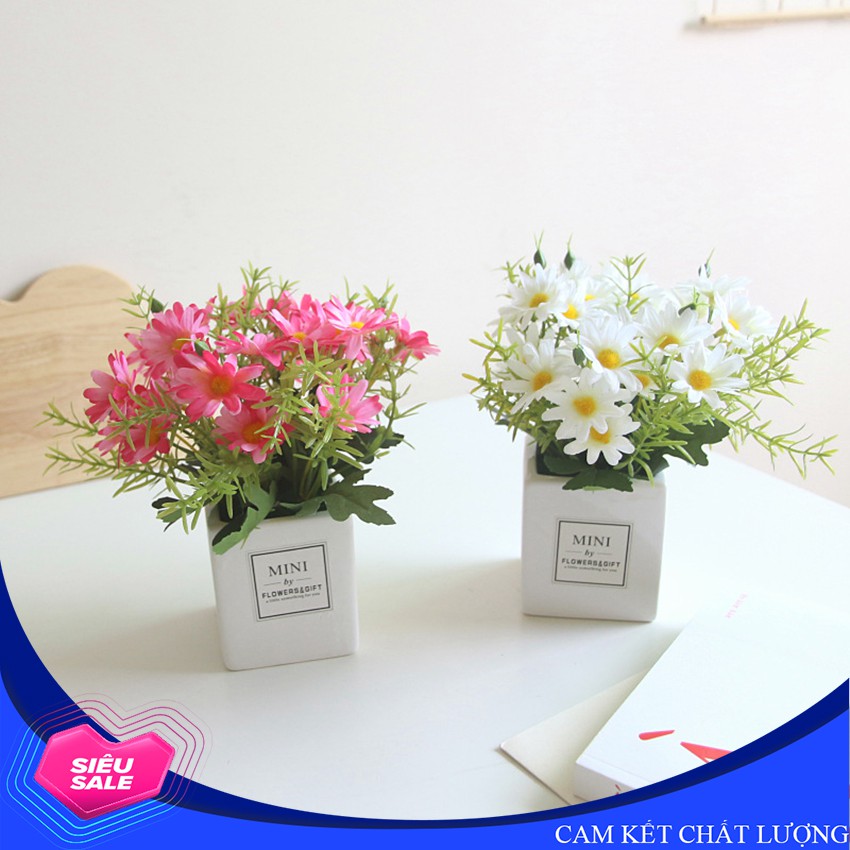 Hoa giả trang trí để bàn, hoa cúc lụa, chậu bằng sứ MINI BY FLOWER - HF005 (nhiều màu lựa chọn)