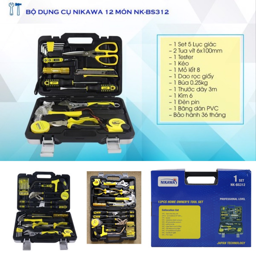 Bộ dụng cụ sửa chữa 12 Món Nikawa NK-BS312 màu đen, bộ đồ nghề nhập khẩu Nhật Bản, bảo hành chính hãng