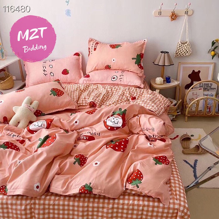 Bộ chăn ga gối Cotton poly M2T bedding quả dâu baby, vỏ chăn mền, drap giường và 2 vỏ gối
