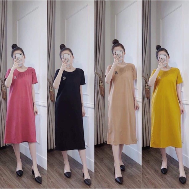 Váy xoắn lưng NY dáng dài thêu chữ