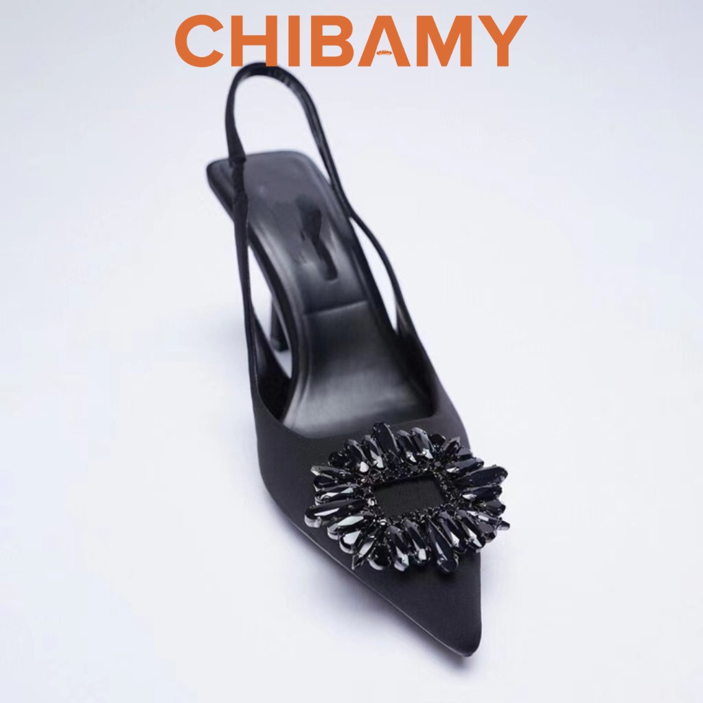 Giày cao gót nữ bít mũi ZR đính đá đen, giày gót nhọn CHIBAMY cao 8cm chất vải mềm