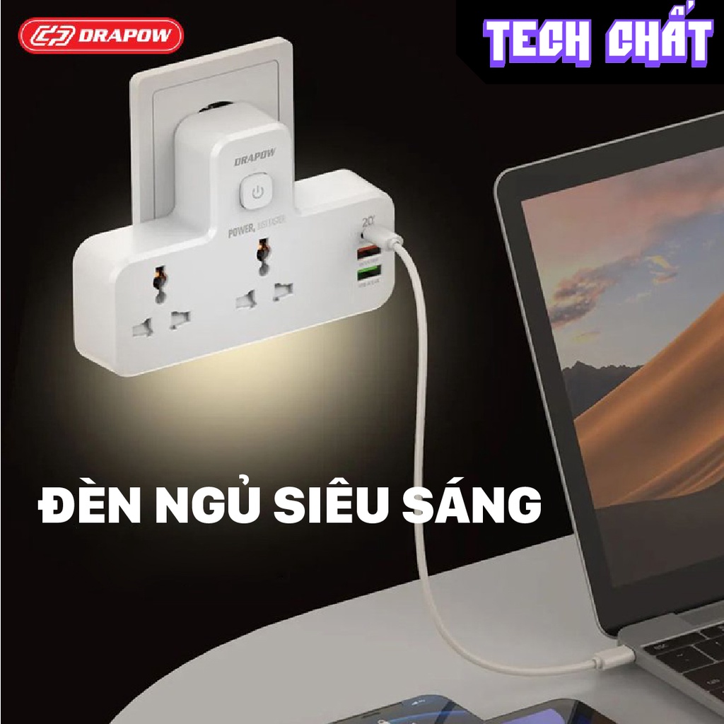 Ổ điện SẠC NHANH gắn tường tích hợp đèn ngủ chính hãng drapow SK22 Sạc nhanh USB-C 20W PD cổng QC 3.0 18w tech chất