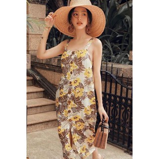 ĐẦM MAXI LILEN BÔNG VÀNG 2 DÂY DÁNG SUÔNG PHỐI NÚT XẺ TÀ TRƯỚC
