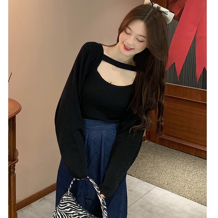 Set Áo Hai Dây + Áo Khoác Cardigan Dệt Kim Tay Dài Dáng Rộng Phong Cách Thời Trang Hàn Quốc