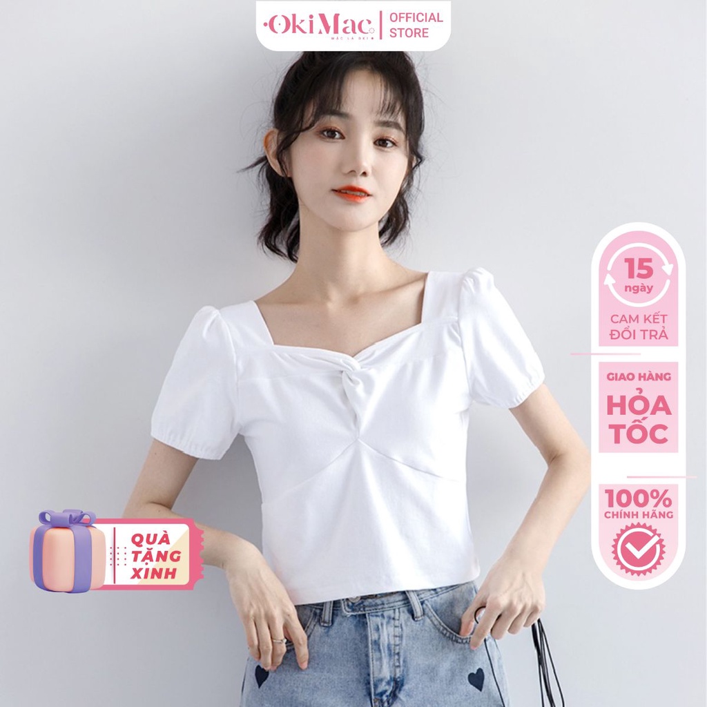 Áo croptop nữ OKIMAC cổ vuông thun ngắn tay xoắn ngực 2 màu trắng, đen tay phồng phong cách ulzzang thời trang nữ