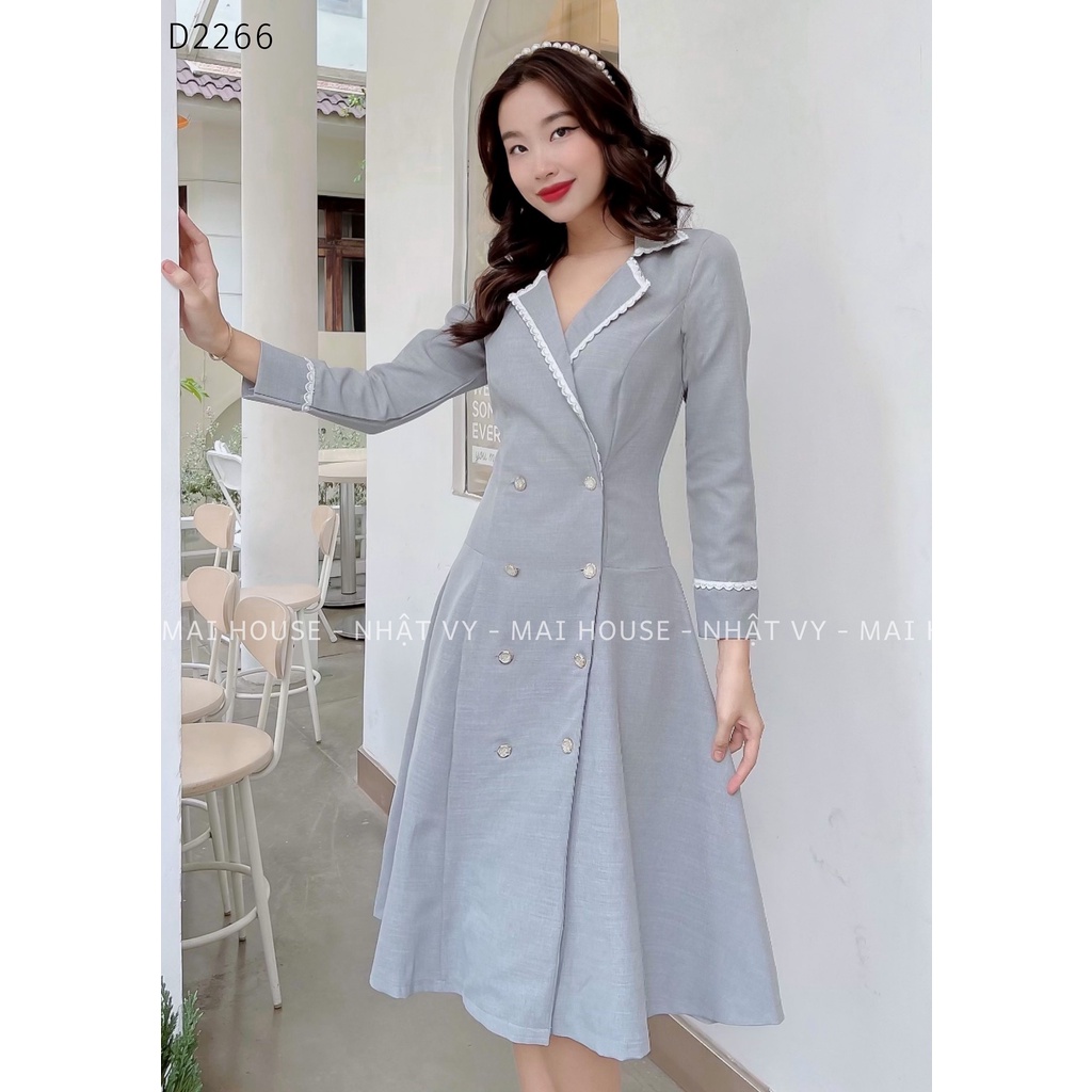 Đầm Nữ NHẬT VY Vest Tay Dài Phối Viền Ren Chất Linen Công Sở Dáng Xoè Màu Xanh Đen, Xám - D2266