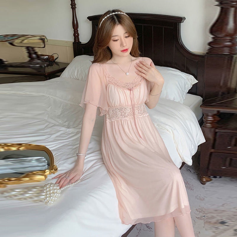 Đầm Ngủ Tay Ngắn Phối Lưới Có Đệm Ngực Thoải Mái Thời Trang Mùa Hè 2022 Phong Cách Mới Cho Nữ