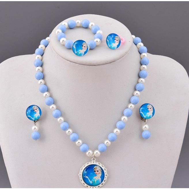 Bộ Trang Sức Gồm Dây Chuyền / Nhẫn / Vòng Tay / Bông Tai Họa Tiết Công Chúa Elsa Dễ Thương Cho Bé Gái