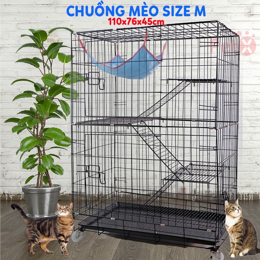 Chuồng mèo 4 tầng to đẹp giá rẻ bằng sắt, thép sơn tĩnh điện có võng, khay nhựa cho 2-3 bé, cao 110cm - Size M