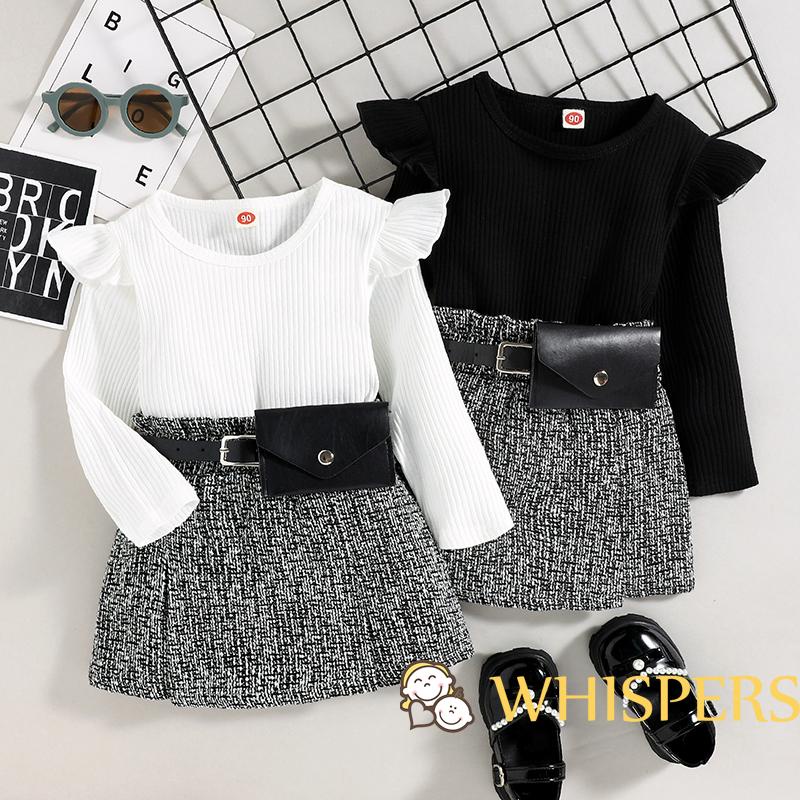 Set Áo Kiểu Tay Dài Cổ Tròn Phối Bèo + Chân Váy Lưng Cao Thời Trang Dự Tiệc Cho Bé Gái
