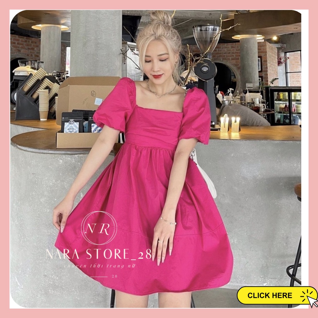Váy babydoll xanh cốm, đầm babydoll tay phồng cổ vuông dáng xòe nơ lưng tiểu thư sang chảnh