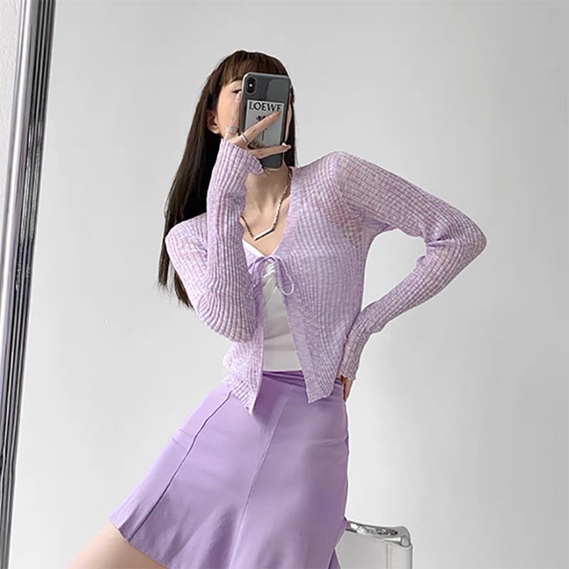 Áo len khoác mỏng cardigan - len dệt kim bảng màu pastel kiểu buộc sexy