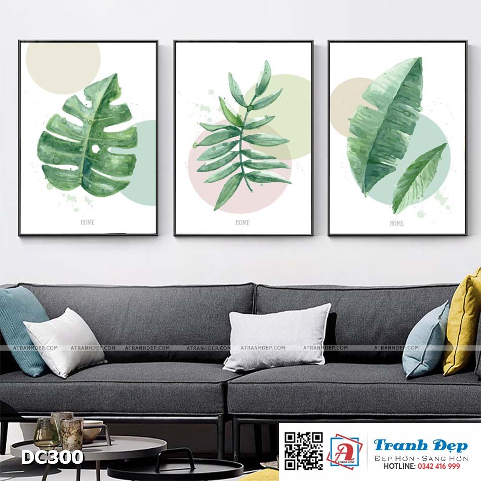 Bộ 3 tranh canvas treo tường Decor Họa tiết lá xanh - DC300