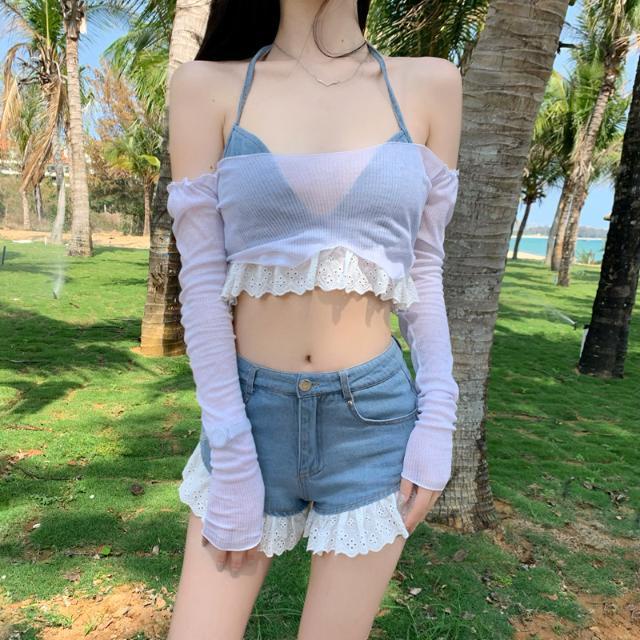 Áo Lửng Không Tay Hở Lưng Và Quần Jean Quyến Rũ Dành Cho Nữ