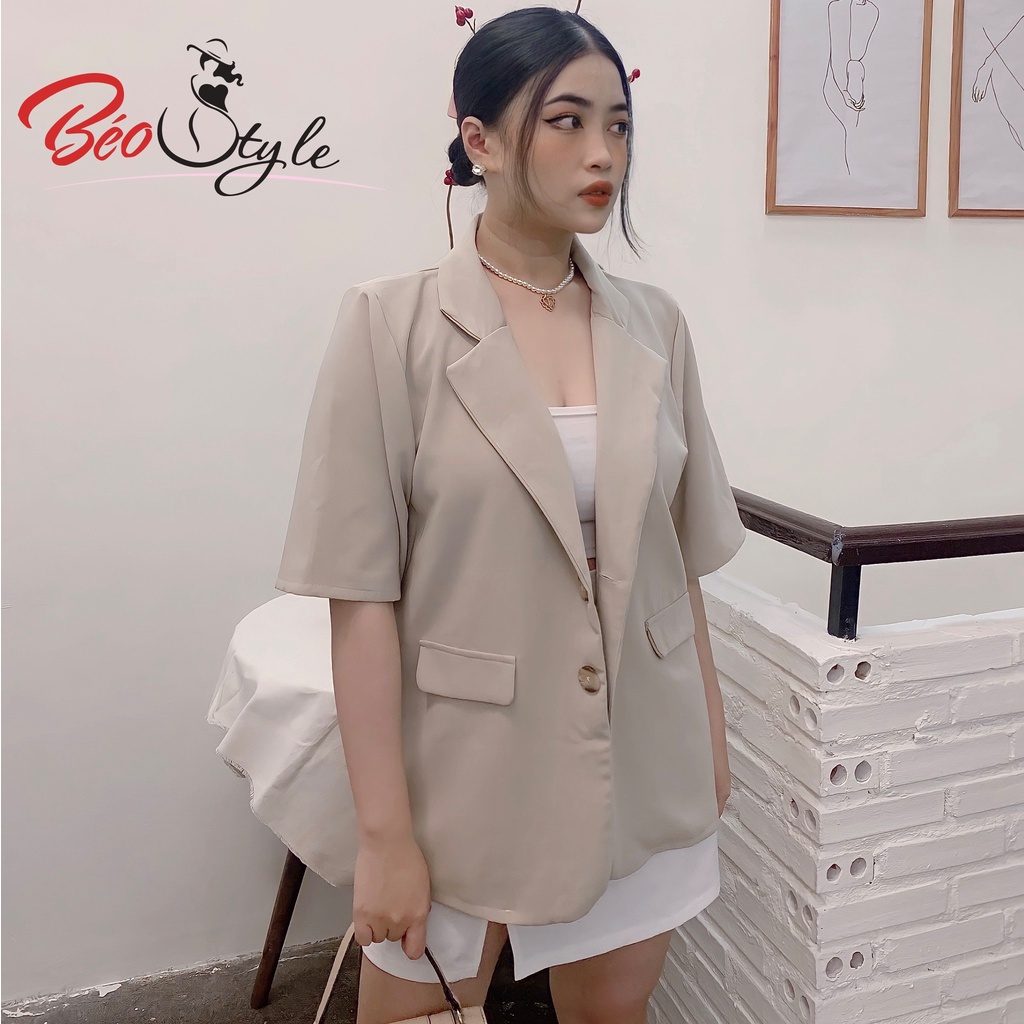 Áo blazer BIGSIZE cổ vest tay cộc  AKBS023 Béo Style cho người béo mập 55-100kg - Phù hợp đi tiệc, công sở hoặc đi chơi