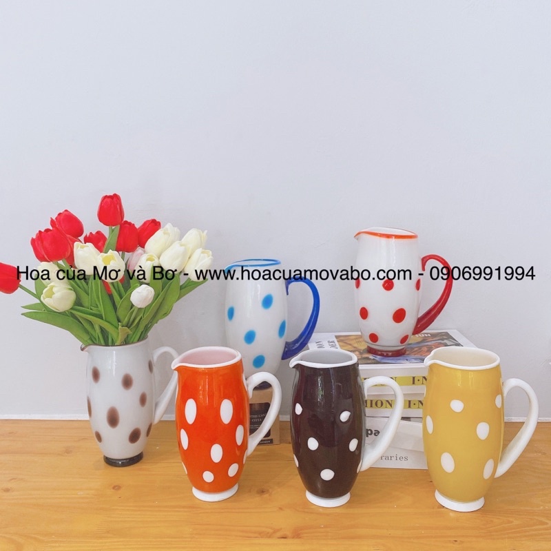 Lọ Hoa Trang Trí Merber (Mơ &amp; Bơ) Nhiều Màu Có Quai Họa Tiết Chấm Bi Thích Hợp Cắm Hoa Khô, Hoa Giả, Hoa Decor Trang Trí