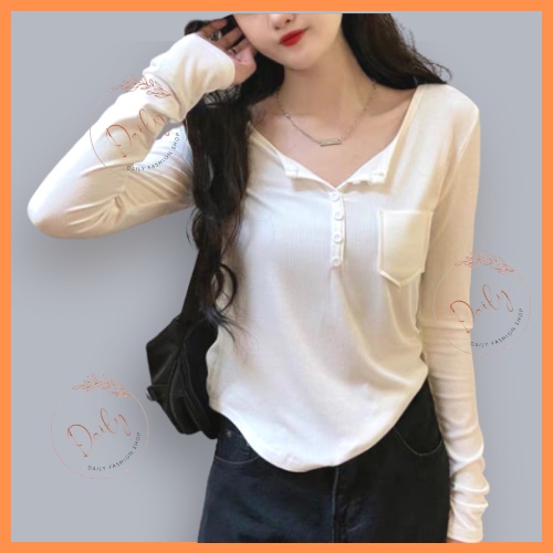 Áo Thun Nữ Dài Tay Cổ V phối khuy 3 Màu Đen, Trắng, Nâu