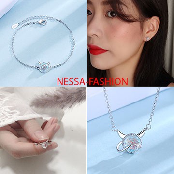 Bộ Trang Sức Bạc S925 Italy - 4 Món Mèo Đính Hạt Cầu Vồng Nữ Trang BTSB22 - Dây Chuyền, Bông Tai, Lắc Tay, Vòng Cổ