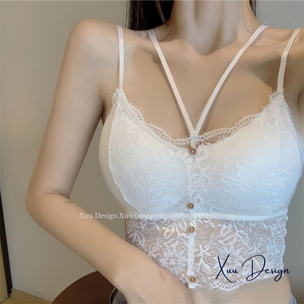 Áo bra ren 2 dây XUU vải ren mềm phối cúc đệm ngực dày vừa sexy gợi cảm - BR20