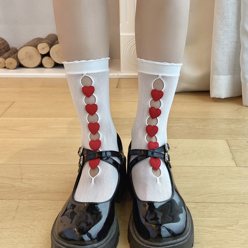 Tất Lưới Rỗng Họa Tiết Trái Tim 3D Phong Cách Lolita Nhật Bản Cho Nữ